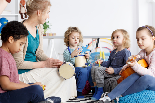 kids playing instruments, guitar, drum